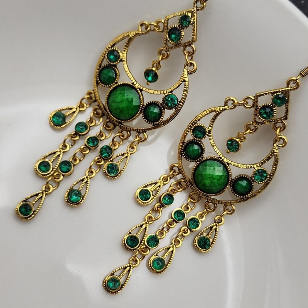 Wandering Muse Gold Green Stone Dangling Earrings - Picture 3 of 7